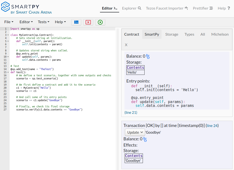 SmartPy editor showing code